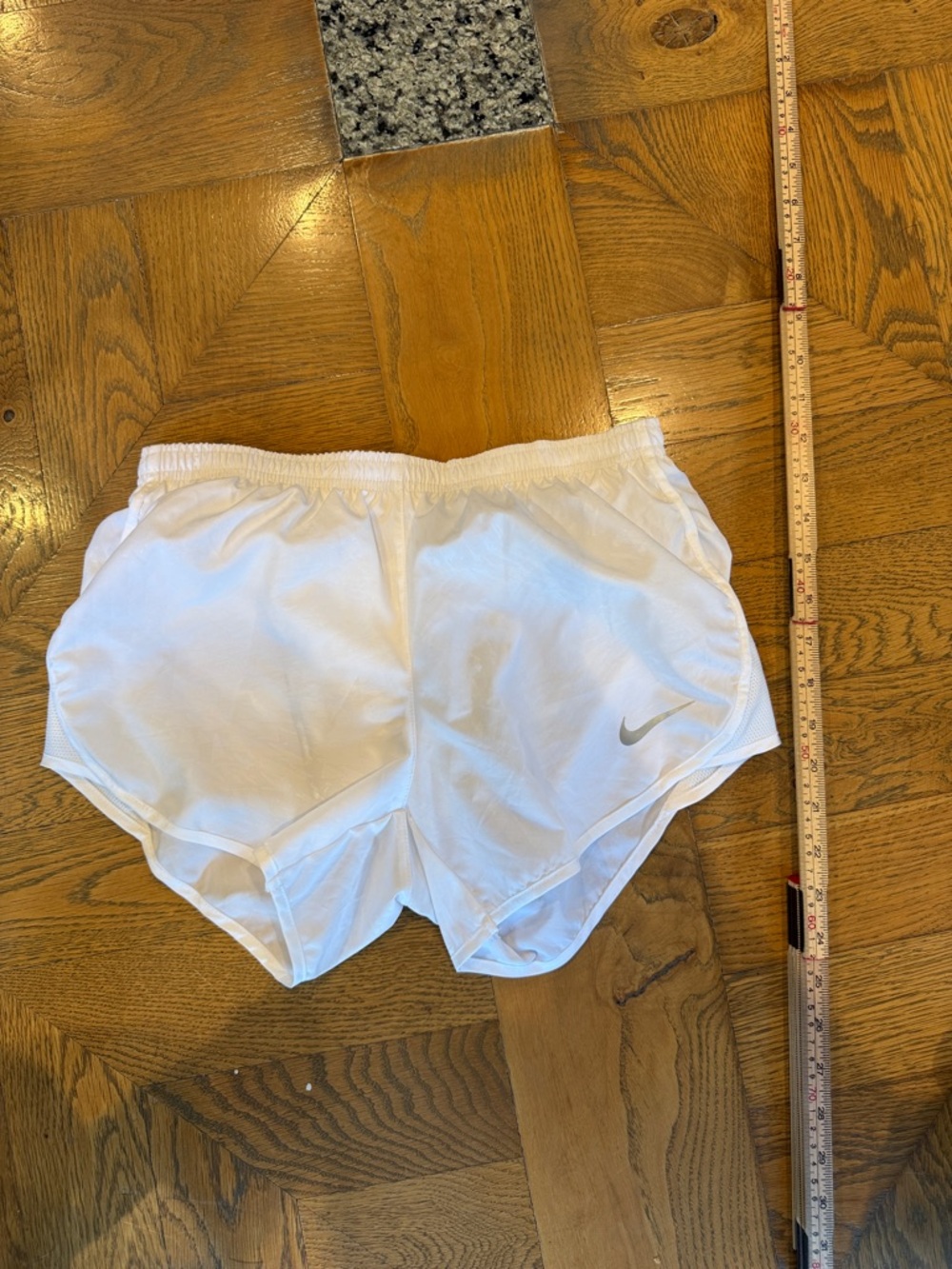 Nike White Women's Athletic Shorts with Silver Swoosh